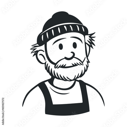 Cartoon bearded male character with beanie and overalls