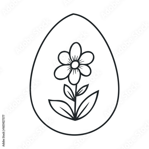 Outline drawing of a flower inside an egg-shaped frame