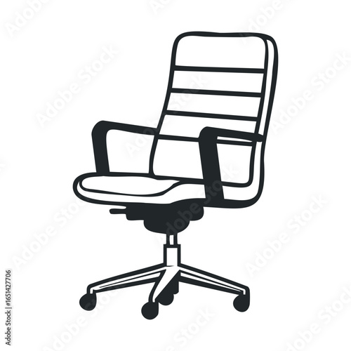 Black and white illustration of an office chair on casters with armrests