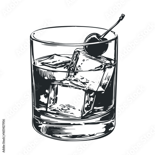 Old fashioned cocktail with ice cubes and cherry garnish illustration