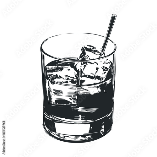 Detailed black and white illustration of a whiskey glass with ice cubes and stirrer