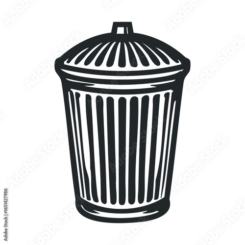 Vintage black and white illustration of a classic trash can with lid