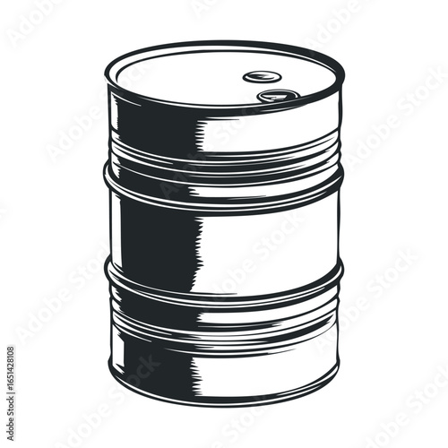 Black and white illustration of industrial oil barrel with simple design