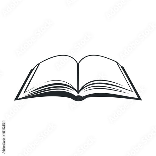 Open book illustration: black and white sketch of literature and learning