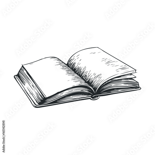 Black and white illustration of an open book with detailed pages sketch