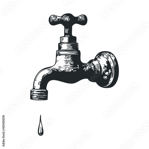 Vintage water faucet illustration with dripping water on white background