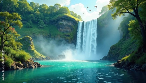 Powerful waterfall plunges into emerald pool, colorful birds fly overhead , vibrant, nature