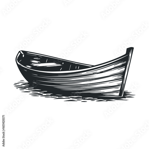 Vintage wooden rowboat illustration with detailed black and white design