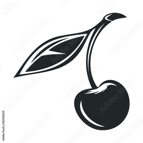 Black and white cherry with leaf illustration in simple graphic style