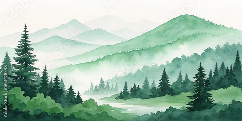 Misty Green Mountain Watercolor Landscape Forest, River, Peaks, Watercolor Painting Watercolor painting, landscape, nature