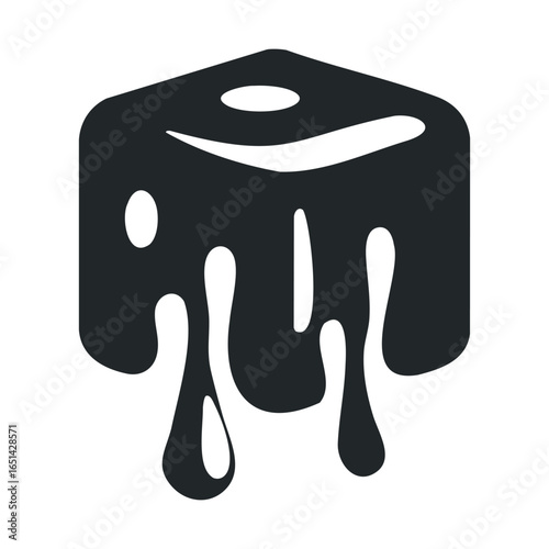 Black ice cube icon with melting drips on white background