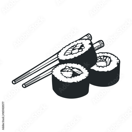 Hand-drawn sushi rolls and chopsticks illustration in black and white