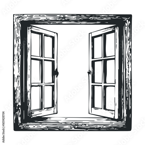 Rustic open window sketch with vintage wooden frame