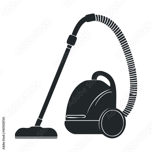 Black and white illustration of a modern canister vacuum cleaner