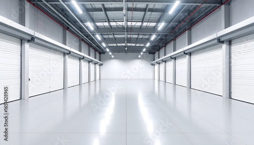 Empty White Industrial Warehouse Interior with Roller Doors and Overhead Lighting