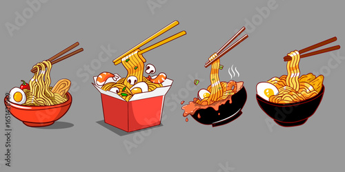 Colorful vector illustration set of ramen and noodles in different bowls and containers, with chopsticks lifting hot noodles, egg, chili, and toppings. Cartoon style Asian food design, perfect for res