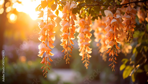 Close Up View of Orange Blossoms Blooming During Golden Hour with Soft Focus Background and Warm Sunlight
