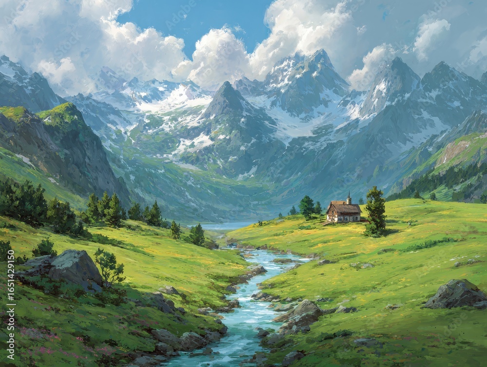 Fototapeta premium Tranquil Alpine Valley: Snow-Capped Peaks Surrounding a Pristine River Through Green Meadows and a Quaint Chalet