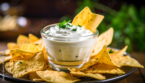 Yellow Tortilla Chips Surrounding Glass Bowl with Creamy White Dip garnished with Green Herb on Dark Plate