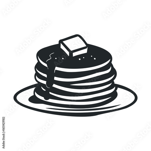 Stack of pancakes with butter dripping syrup on plate - black and white illustration