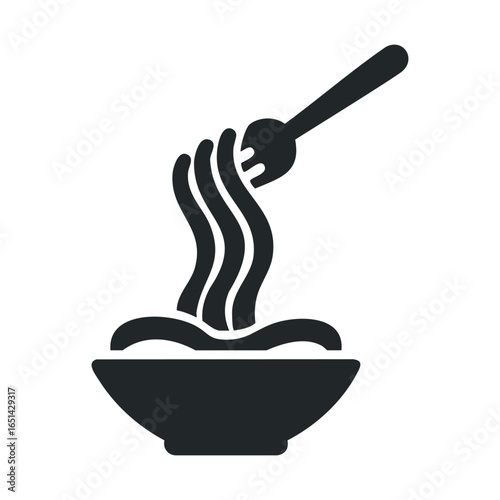 Minimalist icon of fork twirling steaming noodles in bowl