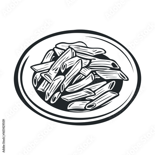 Monochrome illustration of penne pasta on plate: artistic black and white food design