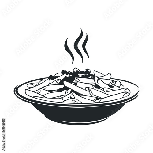 Black and white illustration of steaming penne pasta in a bowl