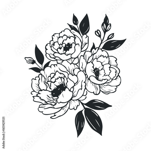 Intricate black and white peony floral illustration with leaves and buds