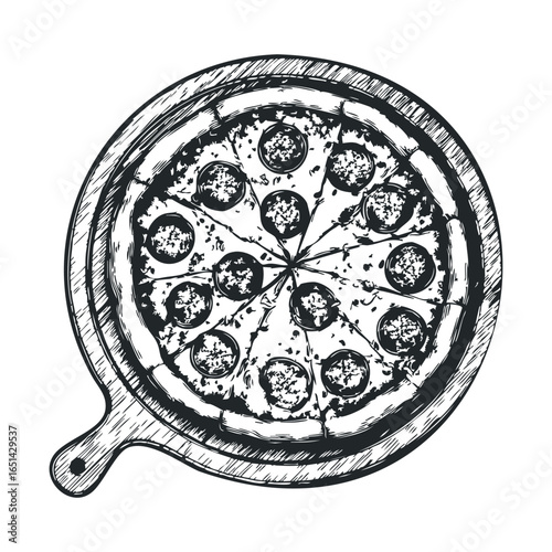 Hand-drawn pizza on wooden board with pepperoni toppings