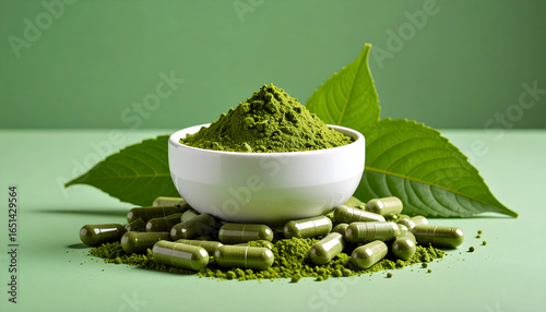 Close Up Of A White Bowl Filled With Green Powder With Green Capsules And Green Leaves Against A Green Background