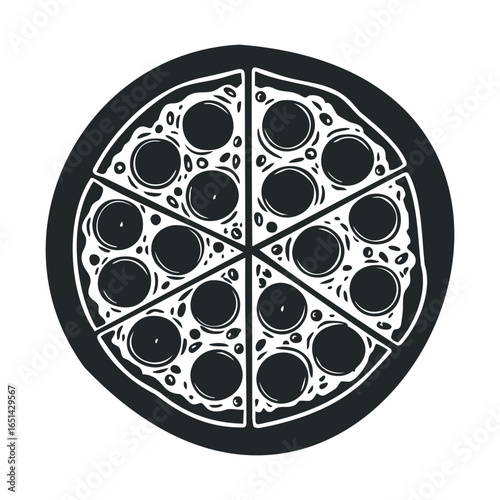 Black and white pizza illustration with pepperoni and cheese toppings