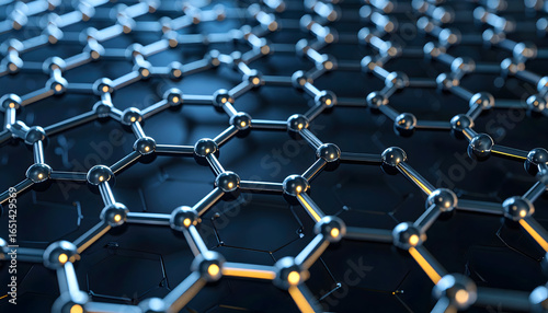 Abstract Molecular Graphene Structure in Blue Tones with Hexagonal Cells and Illuminated Connections