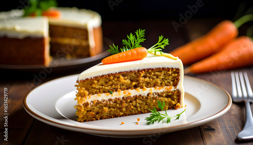 Delicious Carrot Cake Slice with White Cream Frosting on White Plate Decorated with Fresh Carrots