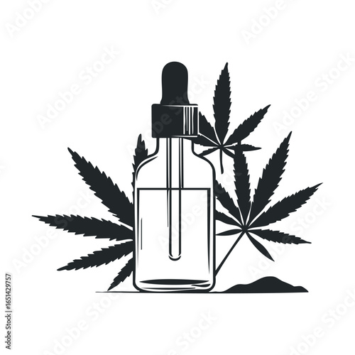 Cannabis oil bottle with hemp leaves illustration on white background