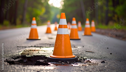 Orange Traffic Cones on Pothole Damaged Road Surface with Blurry Forest Background