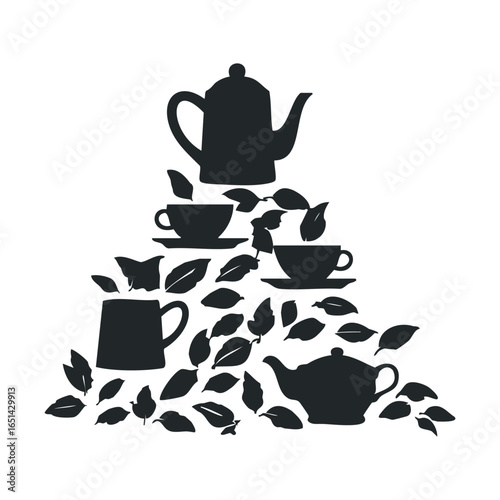 Tea time silhouette: teapots, cups, and leaves composition