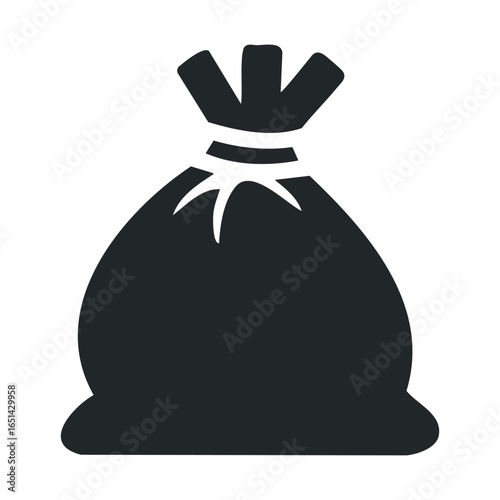 Black silhouette of a filled garbage bag on white background