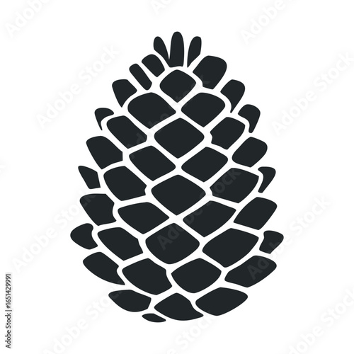 Simple black and white pinecone silhouette on white background