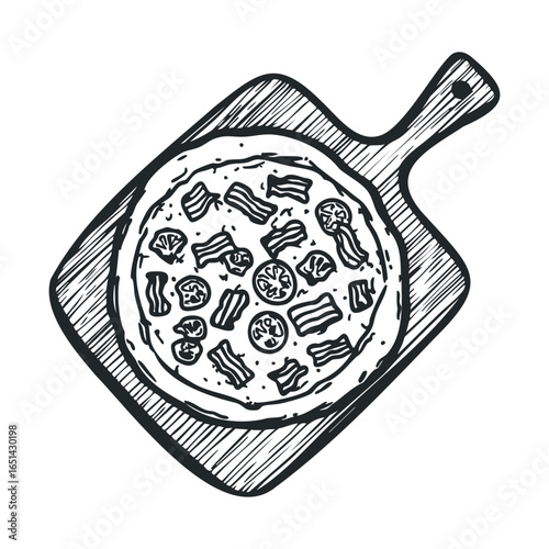 Hand-drawn black and white pizza on wooden board illustration