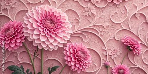 Pink Dahlias on Embossed Floral Background 3D Render, Floral Design, Wall Art, Pink Flowers Floral Wallpaper, 3D rendering