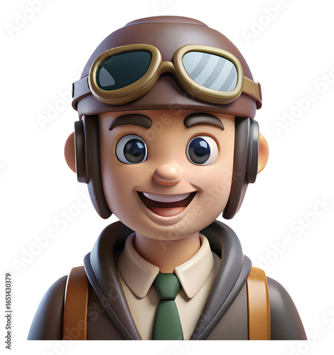  Adorable Animated Pilot in Brown Aviator Helmet and Green Tie