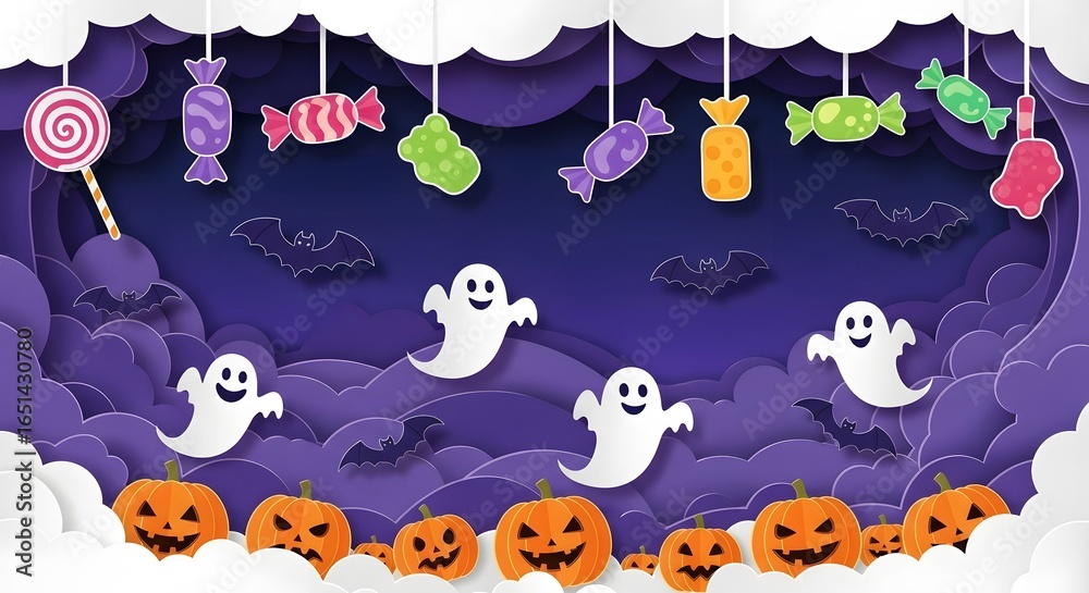 Naklejka premium Spooky Halloween night with flying ghosts hanging candies and carved pumpkins on a starry sky