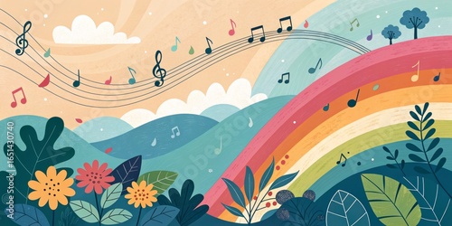 Rainbow Hills Music Landscape Illustration, Floral, Musical Notes, Rainbow, Landscape, Art, Childrens Illustration Rainbow