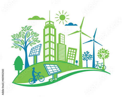 Green City Illustration with Renewable Energy Sources and Eco Friendly Transportation Promoting Sustainability and Environmental Awareness for a Better Future