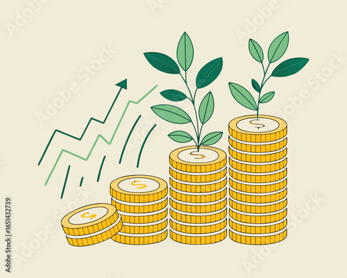 Growing Investments and Financial Success with Coins and Seedlings Illustration Depicting Growth and Prosperity
