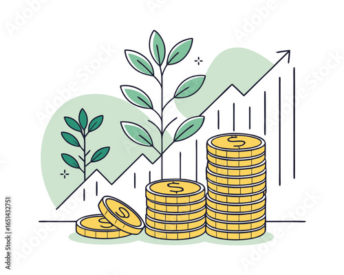 Investment growth concept with rising chart and plants symbolizing financial development and success achieving business goals and financial security
