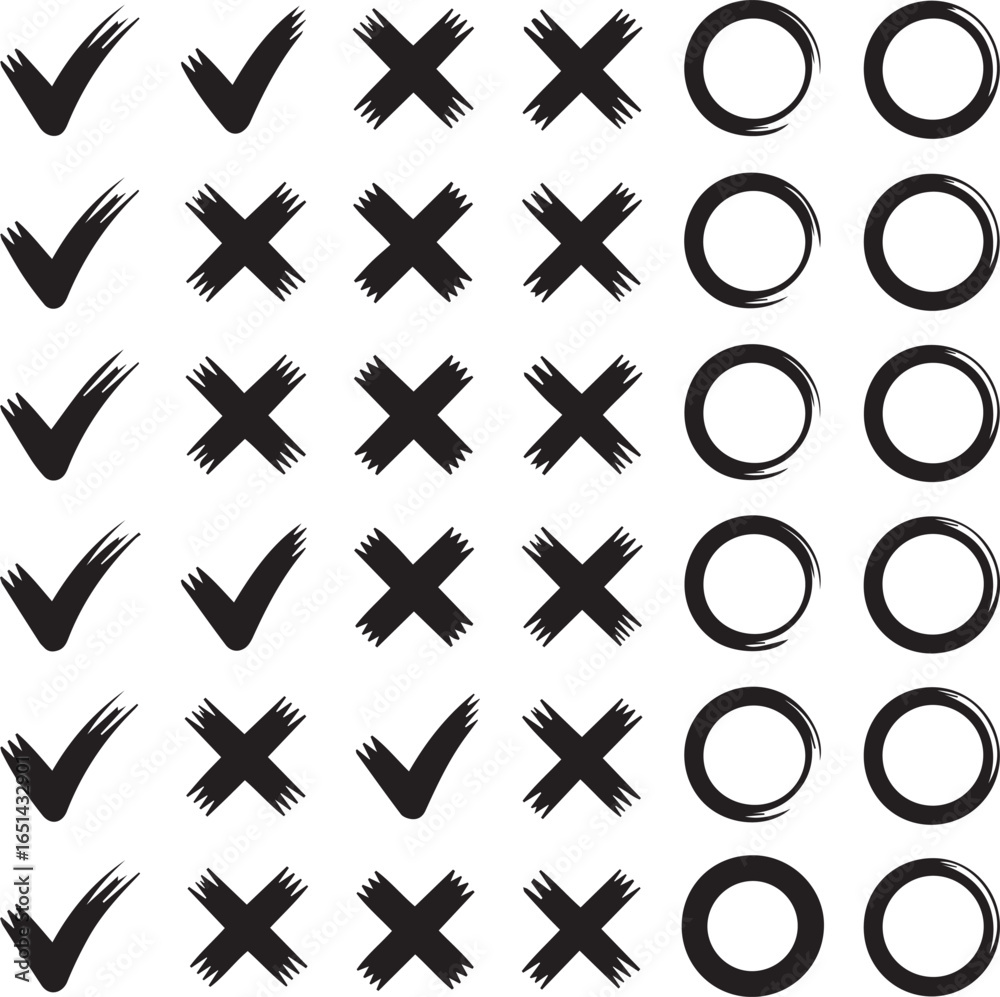 Fototapeta premium Black and white check mark icons vector set with cross signs