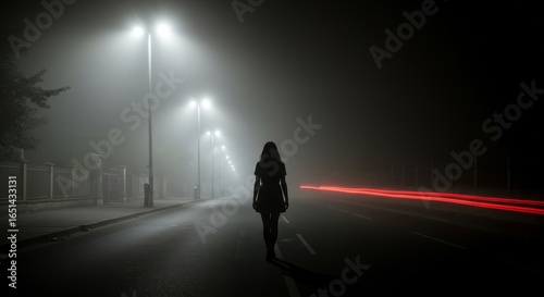 Ethereal silhouette of a woman walking on a fog-laden urban street