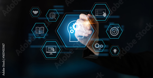 Foto Head with gear and icons representing learning, digital training, and developmen