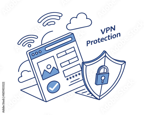 VPN protection illustration for online security with padlock and shield providing secure browsing and internet privacy and access worldwide for digital freedom